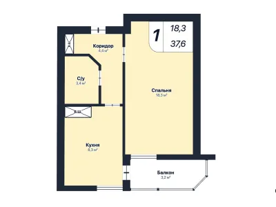 1-к квартира 37.6 м² 6/9 эт., 60 лет СССР — миниатюра 2