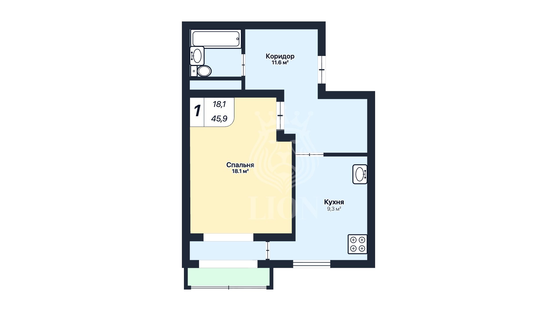 1-к квартира 45.9 м² 9/9 эт., Юбилейная — фото 3